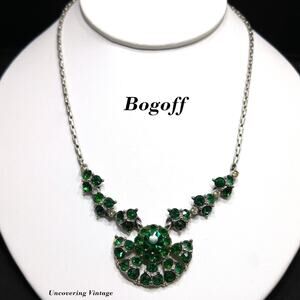Bogoff Green Rhinestone Pendant Choker Necklace, Rhodium Plated, 1940s Vintage